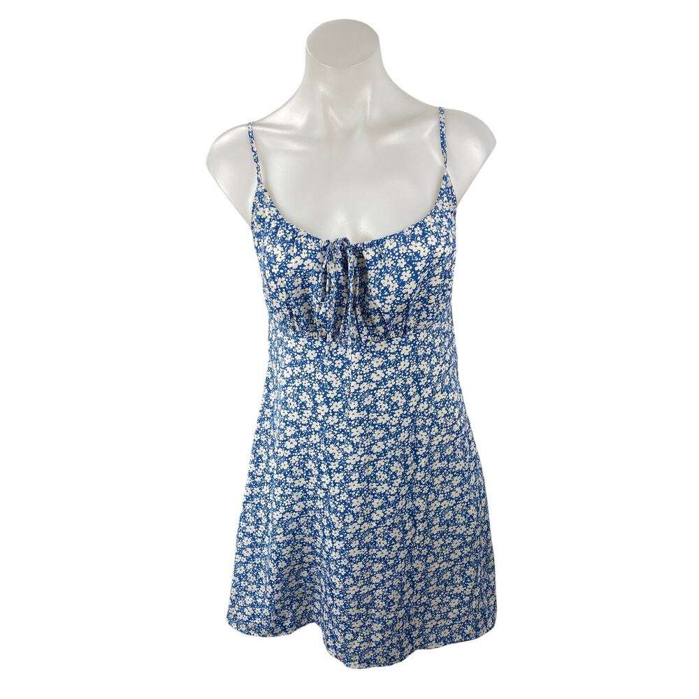 Lulus Blue Floral Shirred Sleeveless Tie Scoop Cami Camisole Mini Slip Dress S